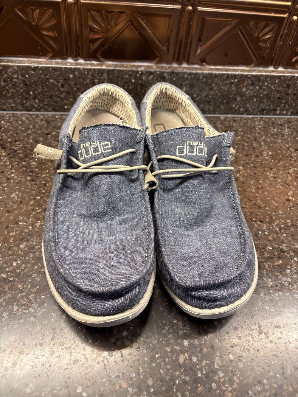 Hey Dude Chambray Slip-Ons in Blue and Cream